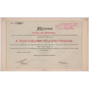 1901. Szeged Tisza Szálloda Részvénytársaság részvénye 500K-ról, 110, bélyegzésekkel...