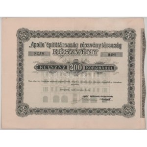 1903. Budapest 'Apollo' Építőtársaság Részvénytársaság részvénye 200K-ról, 0489 magyar és német nyelven...