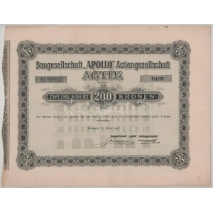 1903. Budapest 'Apollo' Építőtársaság Részvénytársaság részvénye 200K-ról, 0489 magyar és német nyelven...