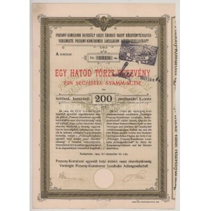1904. Budapest Pozsony-Komáromi Egyesült Helyi Érdekű Vasút Részvénytársaság 1/6 törzsrészvénye 200K-ról...