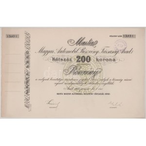 1916. Arad Martal Magyar Automobil Részvénytársaság részvénye 200K-ról, szárazpecséttel, bélyegzéssel...