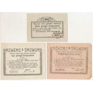 1849. július 16. Rozsnyó 1kr-10kr Rozsnyó bánya város pénztári utalványa (4xklf) + 1849. augusztus 29. 20kr ...