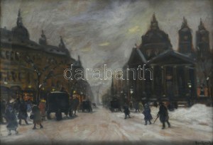 Berkes Antal (1874-1938): Nagyvárosi utca. Olaj, karton, jelzett. Üvegezett, kissé sérült fakeretben, 34...