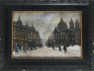 Berkes Antal (1874-1938): Nagyvárosi utca. Olaj, karton, jelzett. Üvegezett, kissé sérült fakeretben, 34...