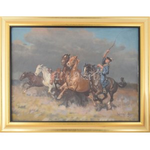 Viski János (1891-1987): Csikós lovakkal. Olaj, vászon, jelezve jobbra lent: Viski J. Dekoratív fakeretben, 60x80 cm. ...