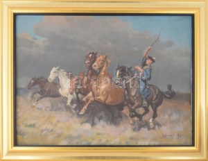 Viski János (1891-1987): Csikós lovakkal. Olaj, vászon, jelezve jobbra lent: Viski J. Dekoratív fakeretben, 60x80 cm. ...