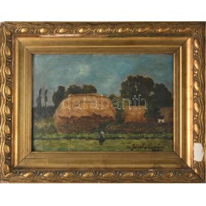 Feszty Árpád (1856-1914): Kislány a falu szélén. Olaj, karton, jelzett. Hátoldalán Feszty Masa (1895-1979)...