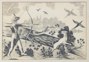 Arkady Kondratski (1901-1977), lengyel művész: Vadászat, Balatonlelle, 1940. Tus, papír, jelezve jobbra lent...