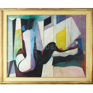 Ifj. Guti József Soma (1946-): Asszonyok a teraszon. Olaj, vászon, jelzett...