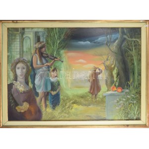 Herpai Zoltán (1951-2011): Zene, 1987. Olaj, farost, jelezve jobbra lent, hátoldalán Képcsarnok Vállalat címkéivel...
