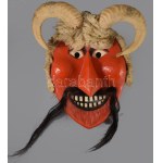 cca 1950 Busómaszk. Fa, birkaprém, szarv, lószőr, 42x38 cm /// cca 1950 Busó mask. Wood, sheepskin, horn, horsehair...