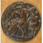 Berán Lajos (1882-1943): Árkádiában. 1940. Bronz plakett, fa lapra applikálva, jelzett, d: 9,5 cm /// Lajos Berán (1882...