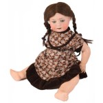 cca 1920-1950 Heubach Köppelsdorf játékbaba. Papírmasé, porcelán, igazi haj, nyelve van, combjánál sérüléssel, m...