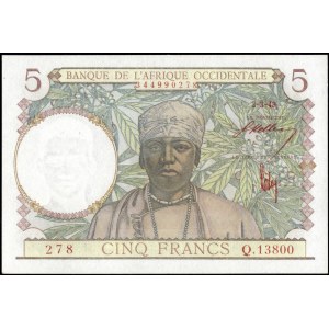 Francuska Afryka Zachodnia. 1943 5 franków 2-3-43 - czerwony numer seryjny