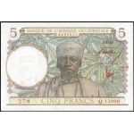 French West Africa. 1943 5 Francs 2-3-43 - Red Serial Number