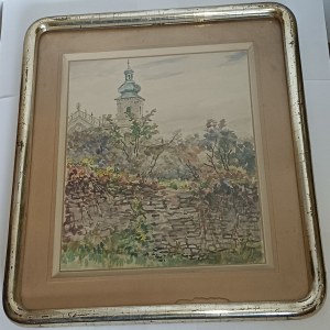 STANISŁAW ŻURAWSKI, AKWARELA SYGNOWANA, KOŚCIÓŁ W RABCE