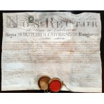 Doctoral Diploma of the Royal Hungarian University Parchment, Latin print and manuscript, wax seal in wooden tin (bulla), Budapest 1874