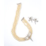 TIFFANY & CO.® Dragonfly-set: diamond platinum pair of earrings brooch and pearl necklace