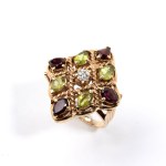 Gold diamond, peridot and garnet ring