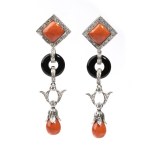Coral onyx diamonds gold drop pair of earrings