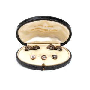 Pair of gold diamond mother of pearl cufflinks and shirt buttons