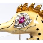 Enameled gold brooch with diamonds and ruby