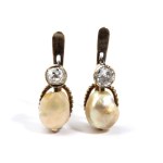 Natural pearl and diamonds gold earrings