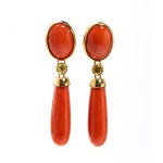 Pair of gold and cherry-red coral drop earrings