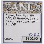Starověké Řecko, Kypr, Salamis. Kolem roku 450 př. n. l. Stříbrný hemiobol. 6 mm.