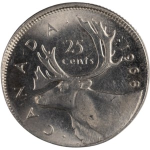 Kanada 1968, 25 Cent, geprägt auf einem 5-Cent-Rohling (Fehler)