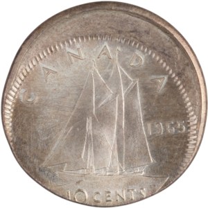 Kanada 1965, Silber, 10 Cent, Prägefehler (außermittig)
