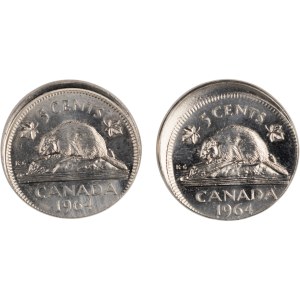 Kanada 1964, 5 Cent, Prägefehler mit versetztem Prägezentrum (2 Stück)