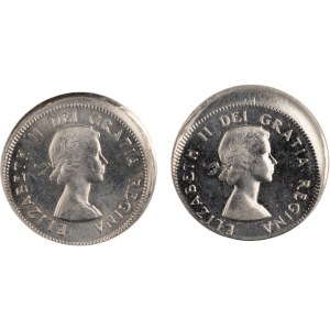 Kanada 1964, 5 Cent, Prägefehler mit versetztem Prägezentrum (2 Stück)
