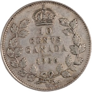 Canada 1936 Silver 10 Cent with Die Crack Between Ribbons