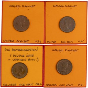 Lot de pièces canadiennes de 1 cent présentant une erreur (4 pièces)