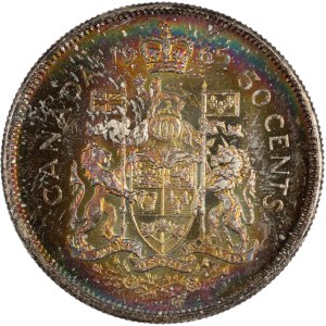 Canada 1965, pièce de 50 cents en argent, patine arc-en-ciel