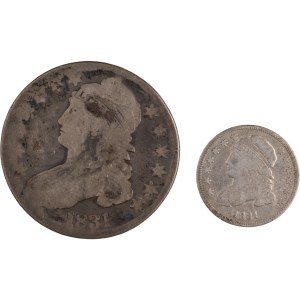 Spojené státy, 1831, stříbrné mince s vyobrazením hlavy s čepicí v hodnotě 10 a 50 centů (2 kusy)