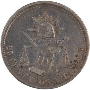 Meksyk 1875 r., srebrna moneta o nominale 25 centavos z serii AL