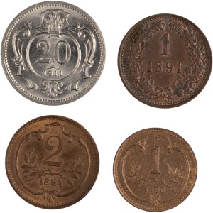 Austria 1891-1911 1 & 2 Kreuzer & 20 Heller (4 Pieces)
