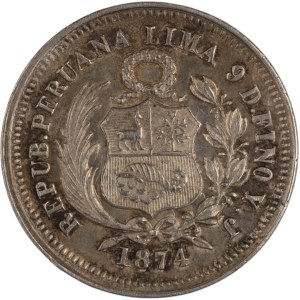 Peru 1874 YJ Silver 1/5 Sol