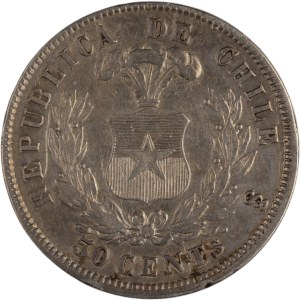 Cile 1870/68, 50 centavos d'argento con sovrastampa
