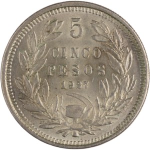 Chile 1927, stříbrná mince v hodnotě 5 pesos