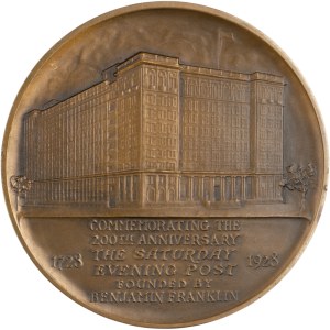 United States 1928 Bronze Large Medal Benjamin Franklin 200th Anniversary of the Saturday Evening Post