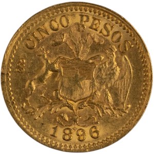 Chile 1896, zlatá mince 5 pesos, nízký náklad