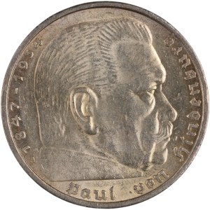 Germany 1936 Silver 5 Reichsmark Paul von Hindenburg