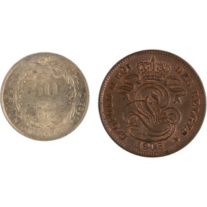Belgia 1914 r. – srebrna moneta o nominale 50 centymów oraz moneta z 1905 r. o nominale 2 centymów (2 sztuki)