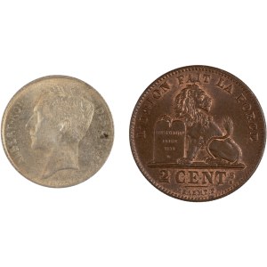 Belgia 1914 r. – srebrna moneta o nominale 50 centymów oraz moneta z 1905 r. o nominale 2 centymów (2 sztuki)