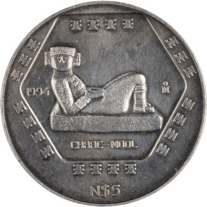 Meksyk 1994, srebrna moneta o nominale 5 nowych peso z wizerunkiem Chaac Mool
