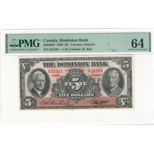 Canada 1938 $5 The Dominion Bank Banknote
