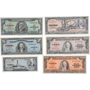 Zestaw banknotów kubańskich o nominale 1–100 peso (6 sztuk)